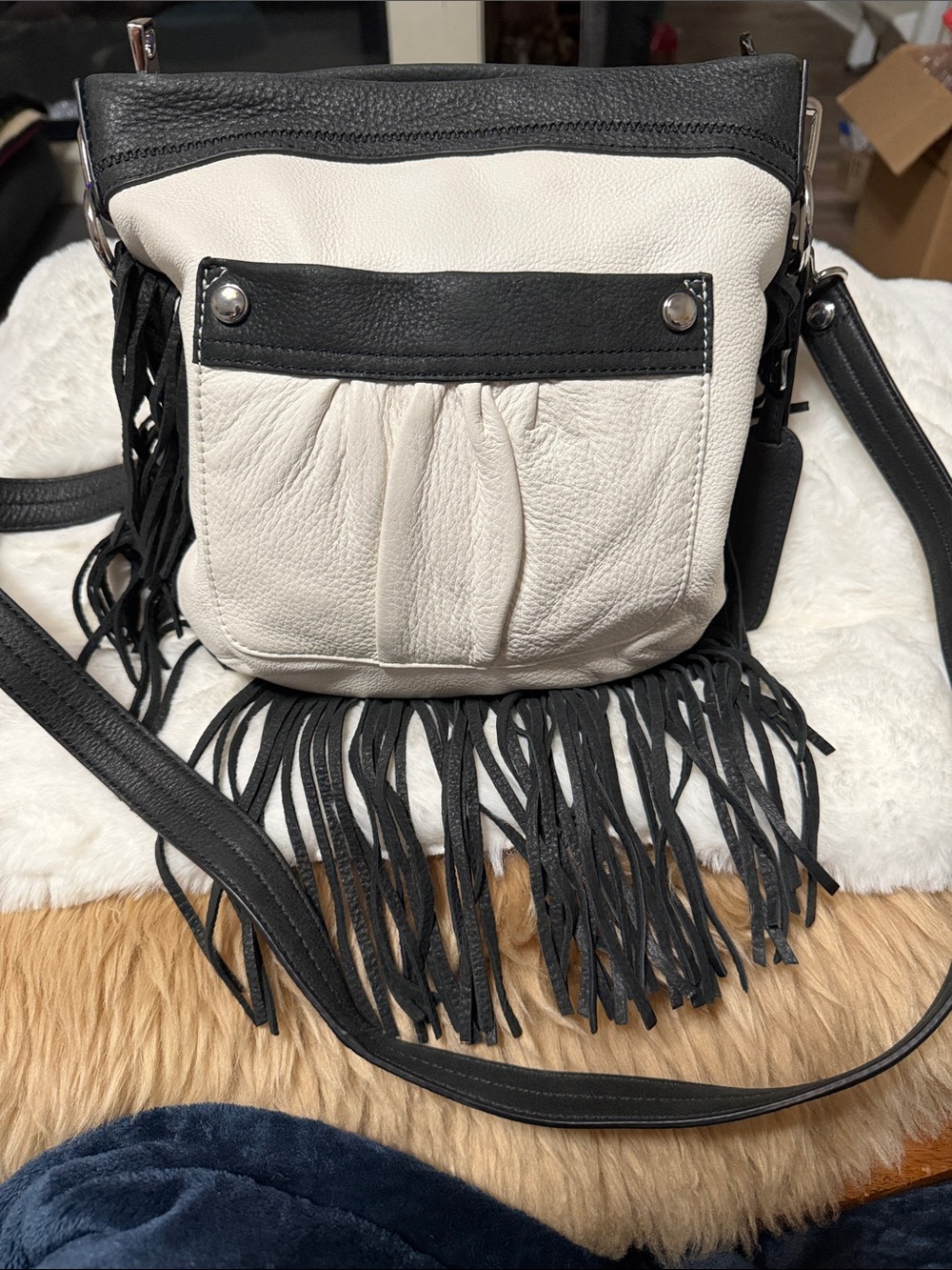 Aimee Kestenberg Black & White Leather Fringe Purse